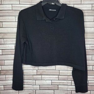 Zara Cropped Polo Women's Size Large Shirt Black Collared Blouse Long Sleeve Top